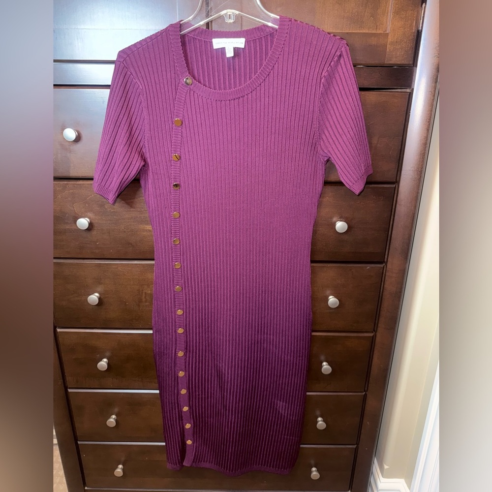 Dress the Population Ribbed Midi Dress in burgundy w/gold button details